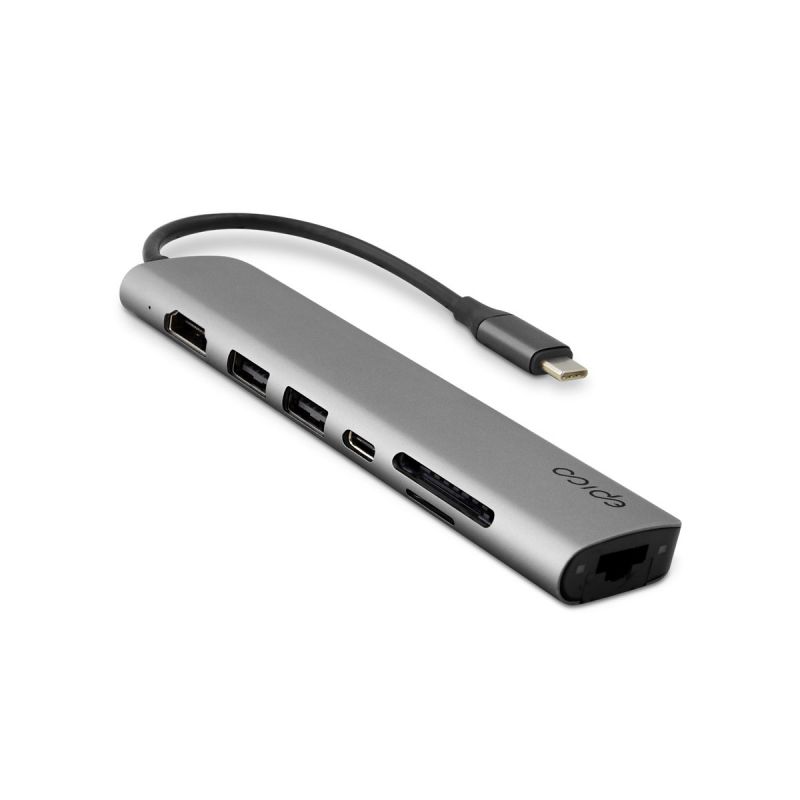 Hub Multimedia 2020 USB-C,2xUSB-A,HDMI,Ethernet,SD/MicroSD - Gris espacial